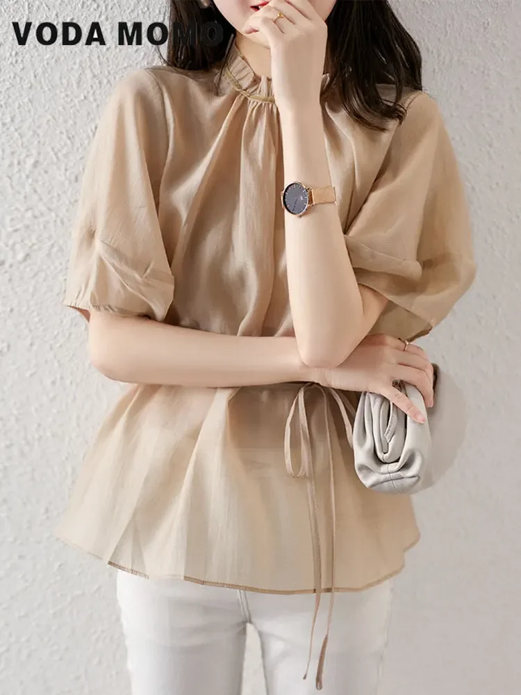 

2022 Women's Summer Korean stytle Casual Fashion Slim Chiffon Shirts Top Female Solid Color Pullover Blouses Ladies Stand Collar