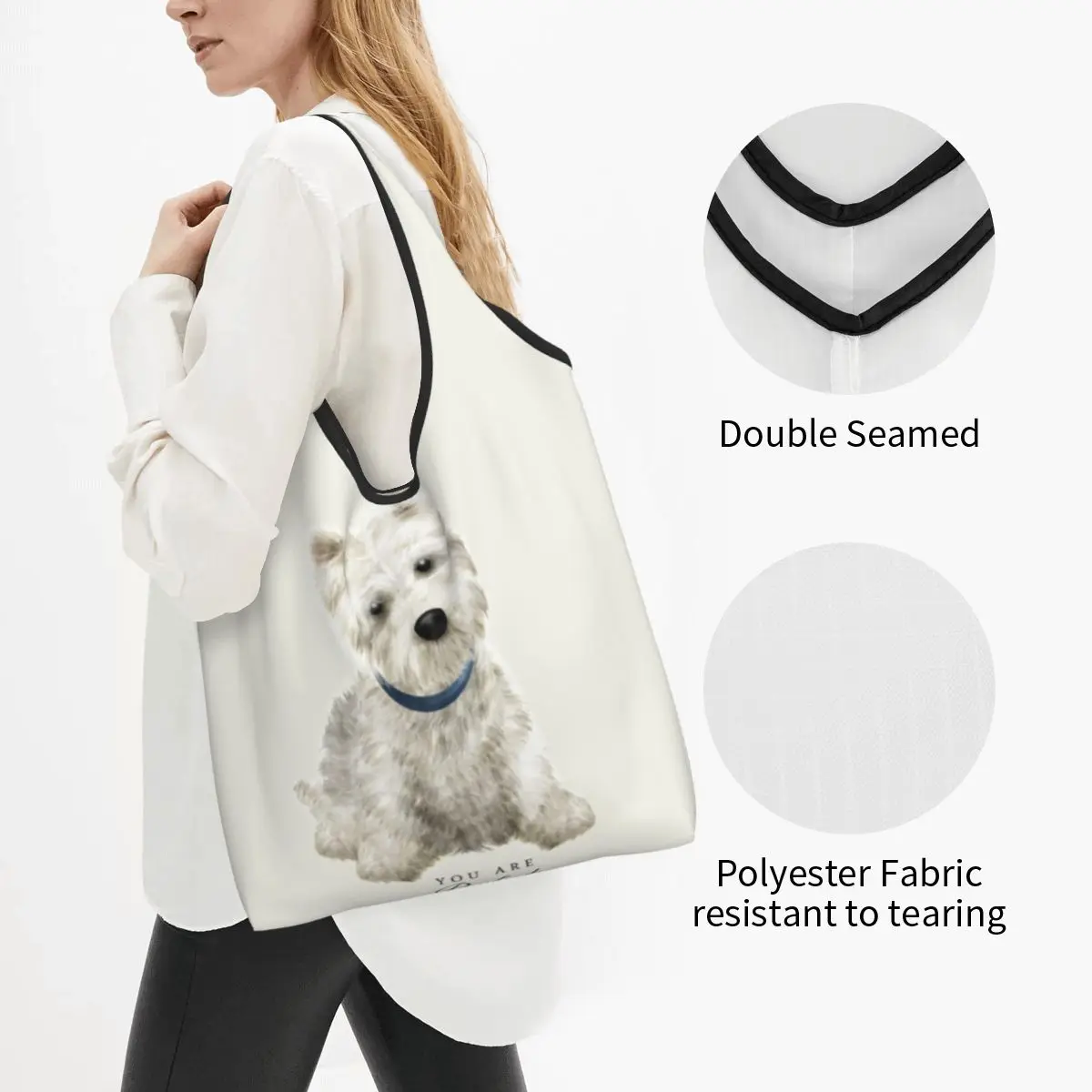 West Highland White Terrier Dog Groceries Shopping Bags Kawaii Shopper Shoulder Tote Bags Big Capacity Portable Westie Handbag