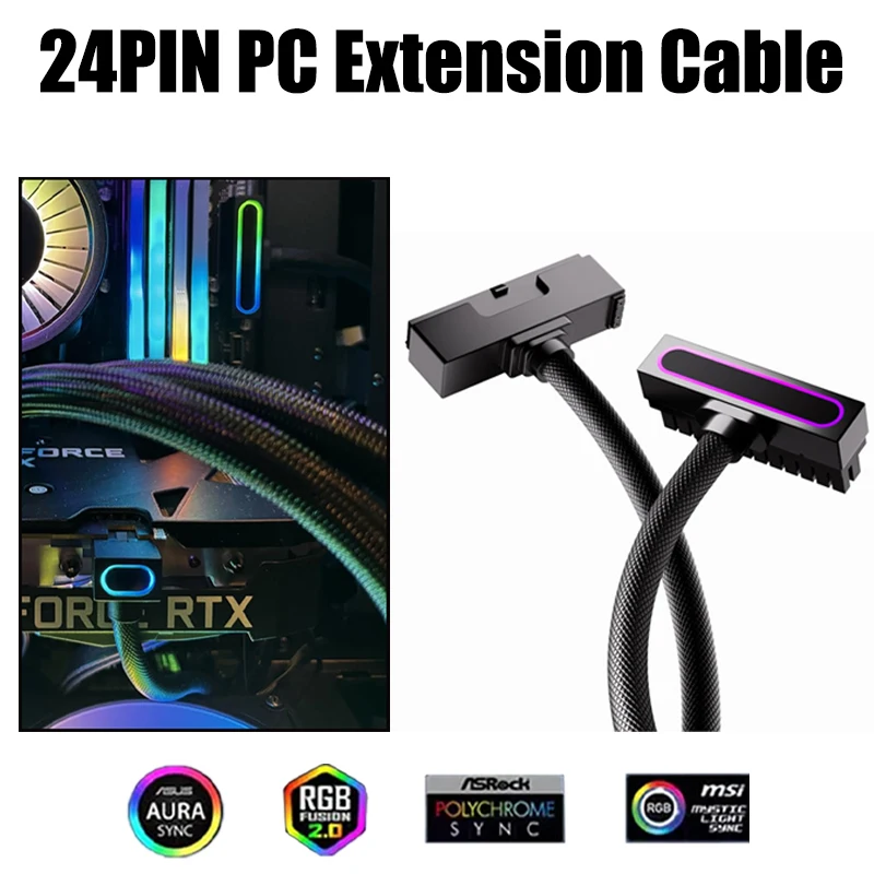 24PIN PSU Extension Cable with ARGB 5V 3Pin, 18AWG 90 Degree Right-Angle Design, Male-to-Female PC Power Cord, 30cm PC Cable