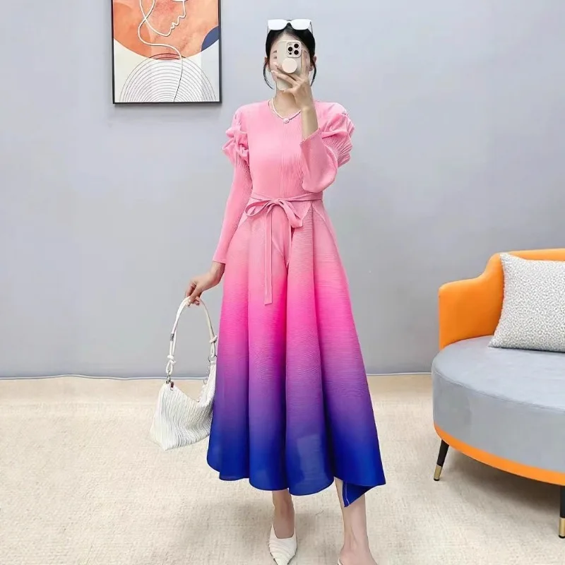 Miyake New Pleated Fashion Round Neck Lantern Sleeve Waist Slim Gradient Color Women's Dresses African Prom Stretch Long Dresses