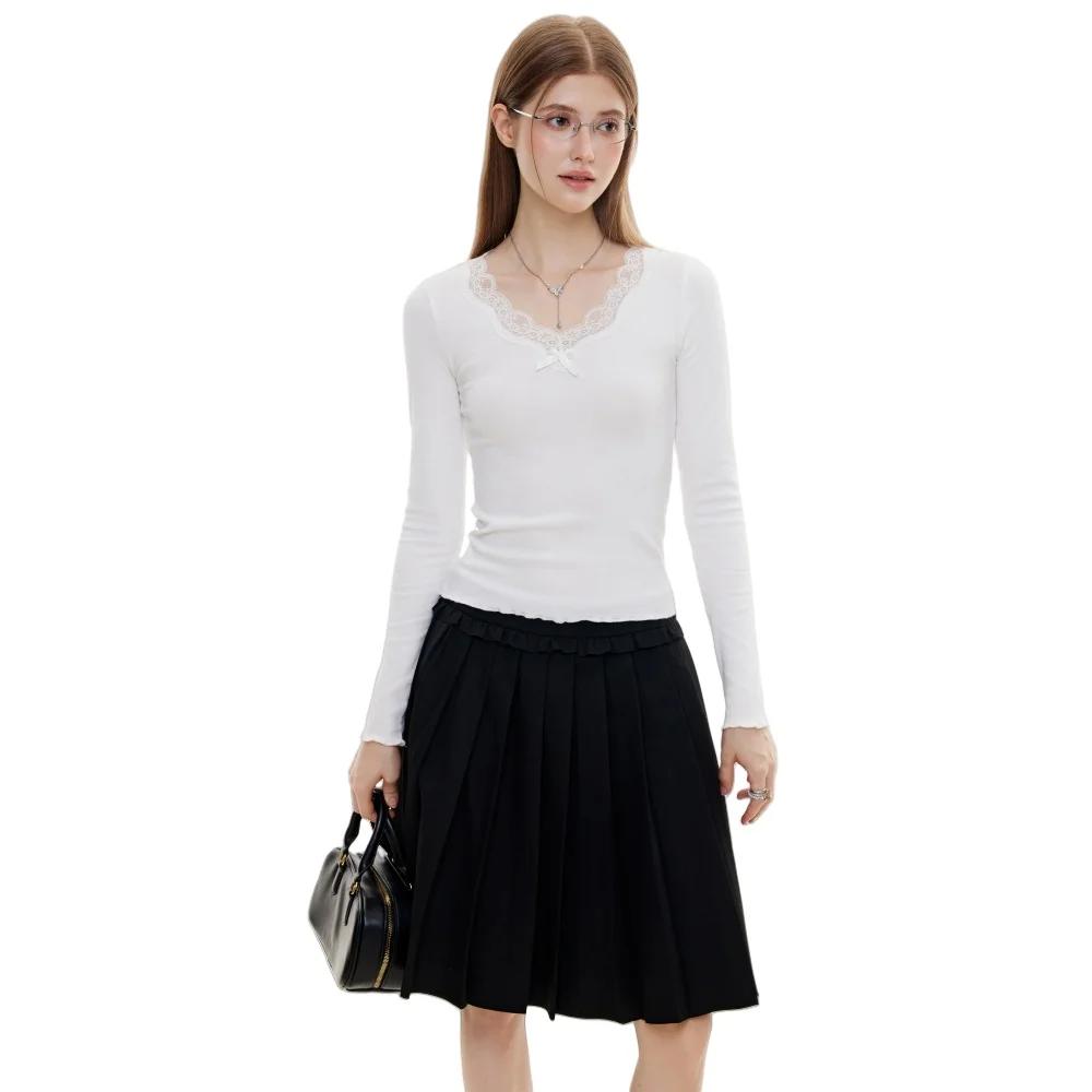 Felpa da donna Y2k Top a maniche lunghe da donna in pizzo bianco con scollo a V Abbigliamento da strada per donna in autunno Abbigliamento da donna