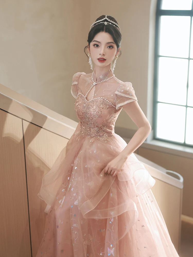 

Pink Evening Gown Wedding Dr Princ Sle ort Sve Long Dr Pearl Embellied Floor Length for Wedding Banquet