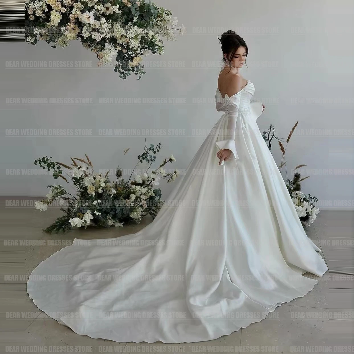 Simple Gentle A Line Wedding Dresses For Woman Glitter Beads Sweetheart Formal Long Sleeve Satin Party Bride Gowns 2024 Vestidos