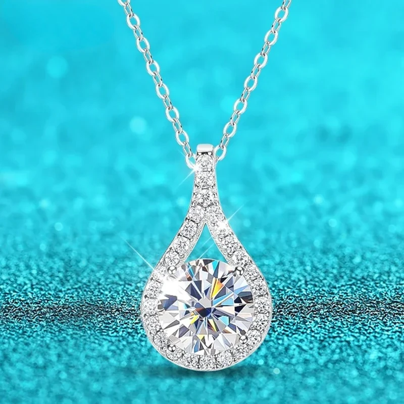 S925 Sterling Silver Jewelry 1-5ct Real Moissanite Necklace for Women Sparkling Water Drop Pendant Girls Birthday Wendding Gift