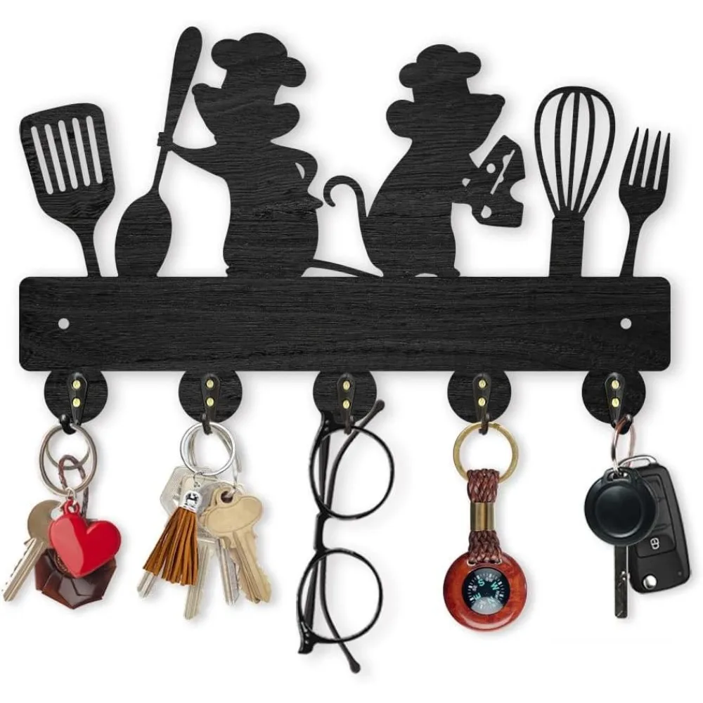 Mouse Kitchenware Coat Rack Wall Mount 11.8×7.2inch Wood Key Holder for Wall 2 Mice Spatula Spoon Fork Wall Key Hooks Hanger