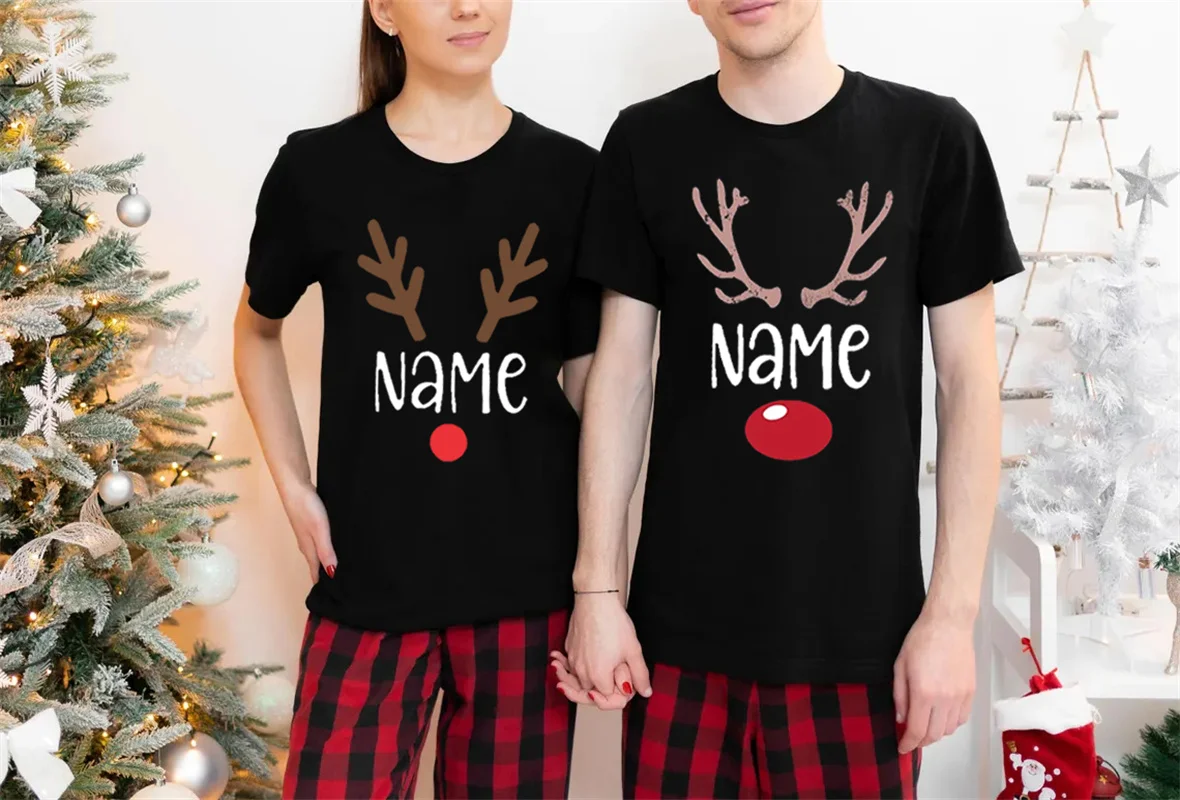 Christmas Customized Print T-Shirt DIY Name Women Reindeer Name Family Matching T-Shirt Personalized Reindeer Family Shirts