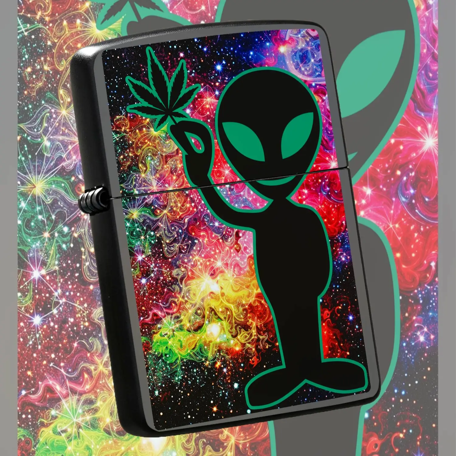 Creative Psychedelic Starry Sky Alien Pattern Lighter, Unique Extraterrestrial Figure Holding Foliage Design Portable Igniter, Trendy Cosmicstylish Accessory For Daily Use Outdoor Gathering Holiday Gifting Personalmulti A Humorous And Inter