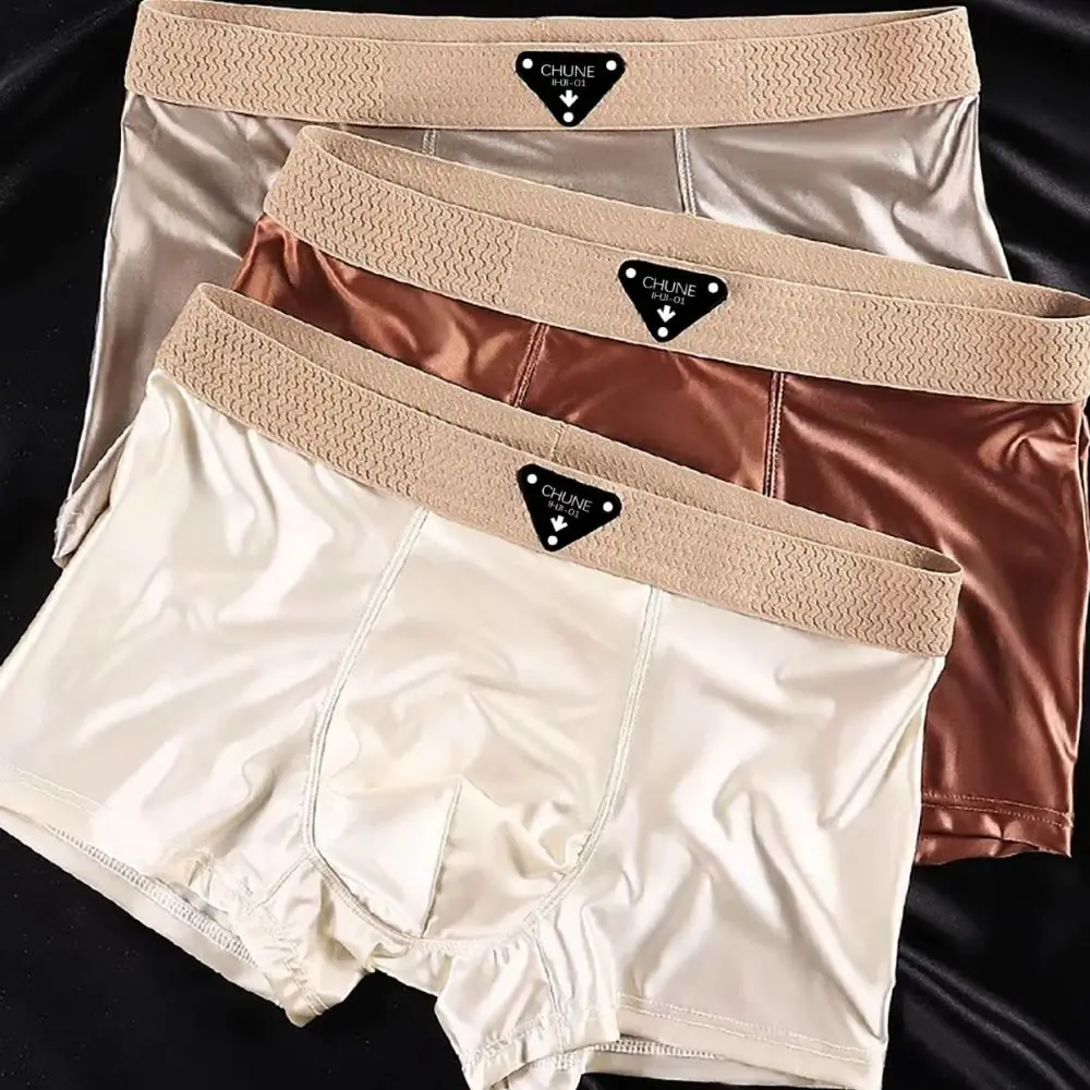 4 Uds. Calzoncillos Boxer finos de seda satinada, calzoncillos sin costuras, Boxers de seda helada, lencería de cintura media, ropa interior para hombres, regalos