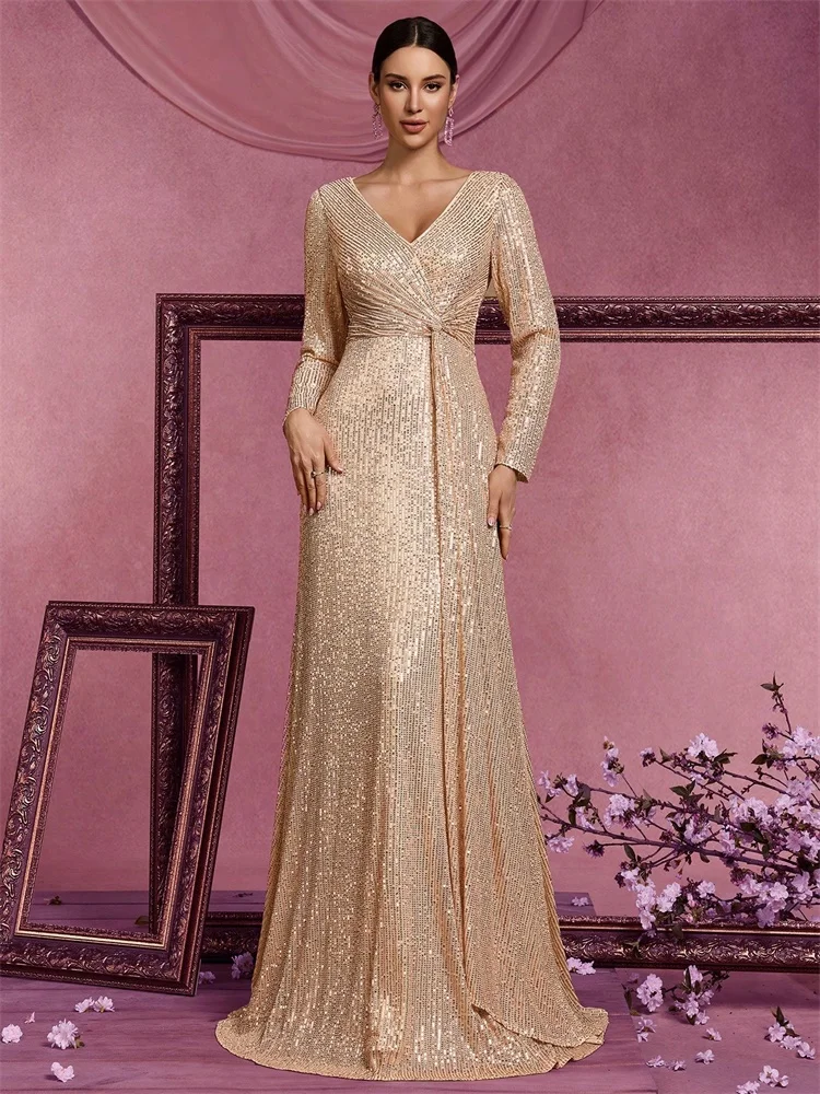 

Luxury Gold Evening Dresses Women Elegant 2025 Long Sleeve Mermaid Formal Sequins Prom Wedding Party Cocktail Graduation Gowns
