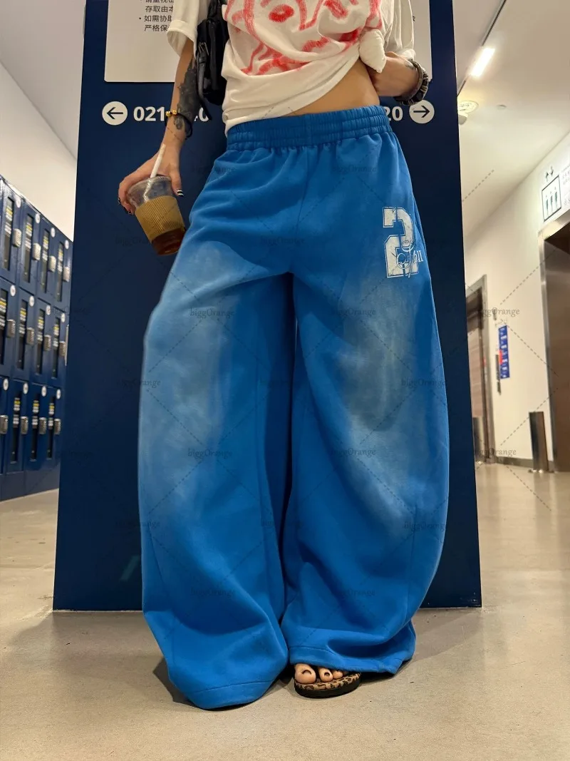 Blue Letter Print Color Matching Casual Retro Sweatpants American Hip Hop Women's Trendy Oversized Washed Loose Wide-Leg Pants
