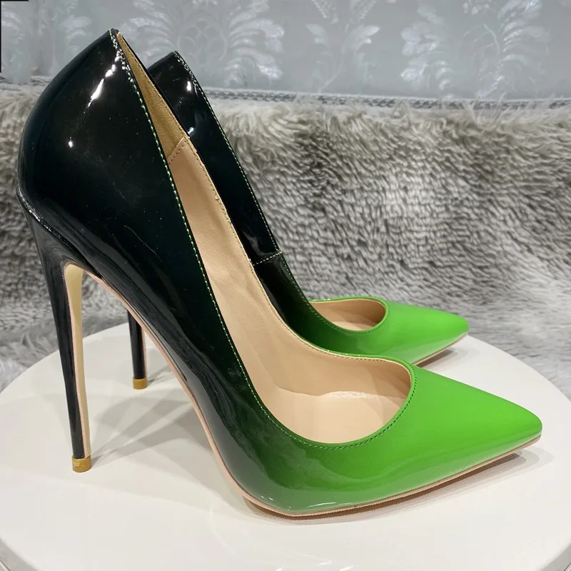 New color blocked pointed sexy 12cm high heels, ultra-fine heels, shallow mouth shoes, gradient color, plus size single shoes