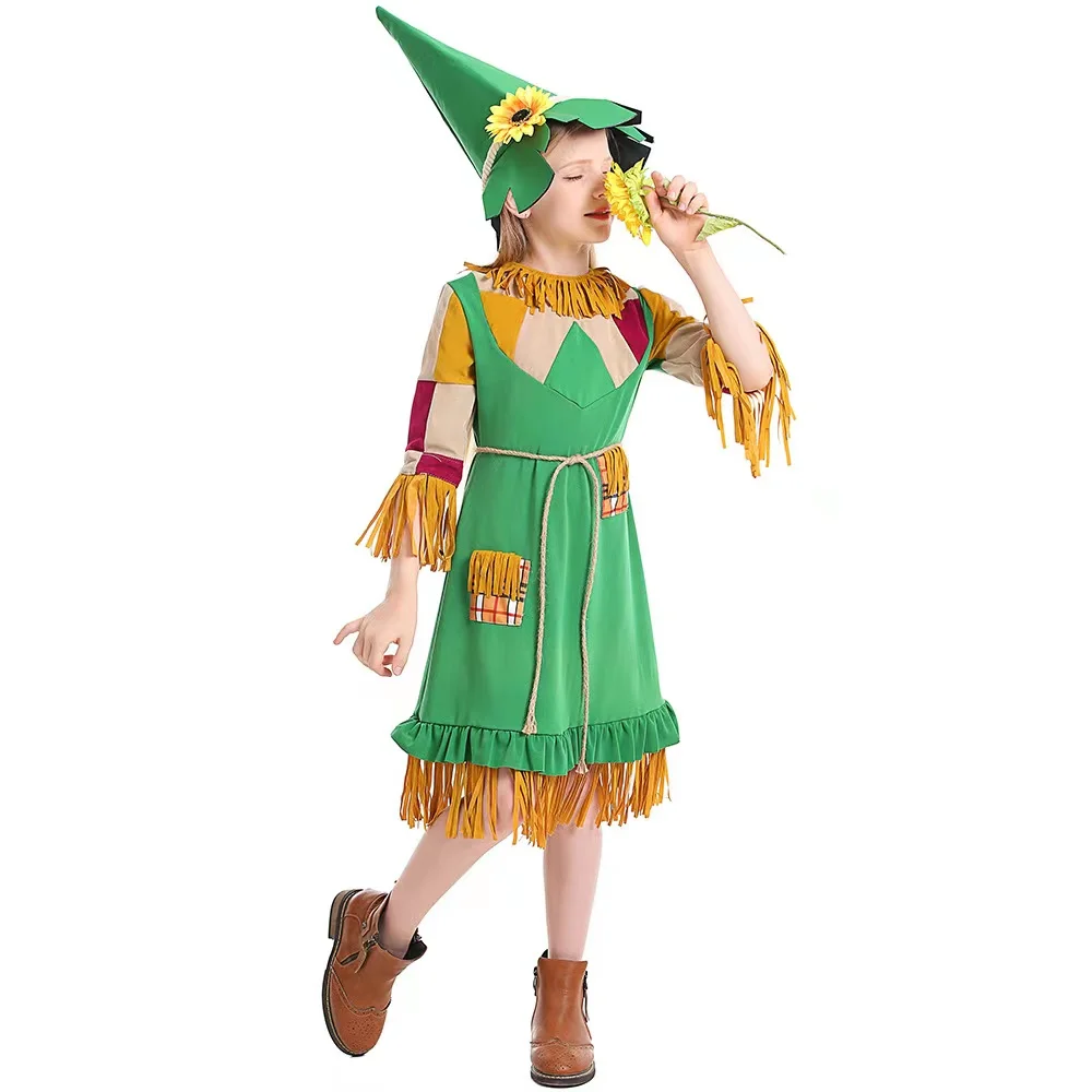 Green Tassel Girls Halloween Puppet Scarecrow Costumes Kids Children Patch Beggar Cosplay Carnival Purim Role Play Party Dress