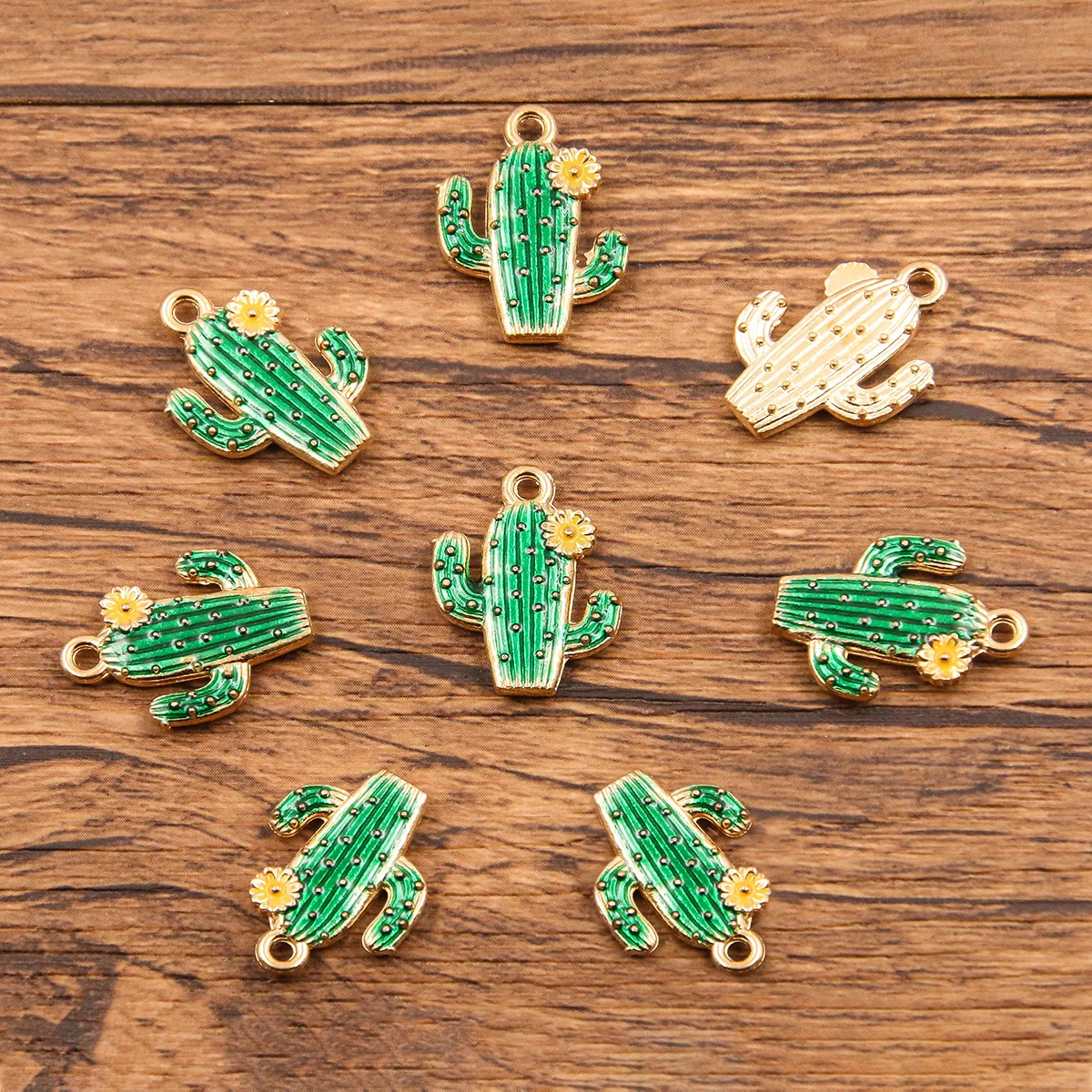 10PCS 15*19mm Wholesale Metal Green Cactus Charms Drip Oil KC Gold Plant Pendant For Jewelry Making DIY Handmade Craft