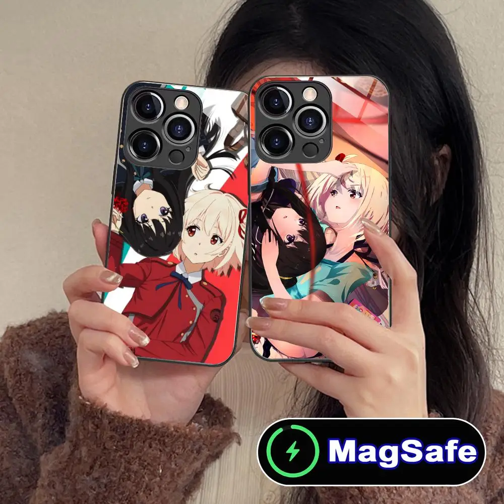 

Lycoris Recoil Anime Mobile Phone Case for iPhone 16 15 14 13 12 11 Pro Max Plus Mini MagSafe Glass Colour Protective Luxury