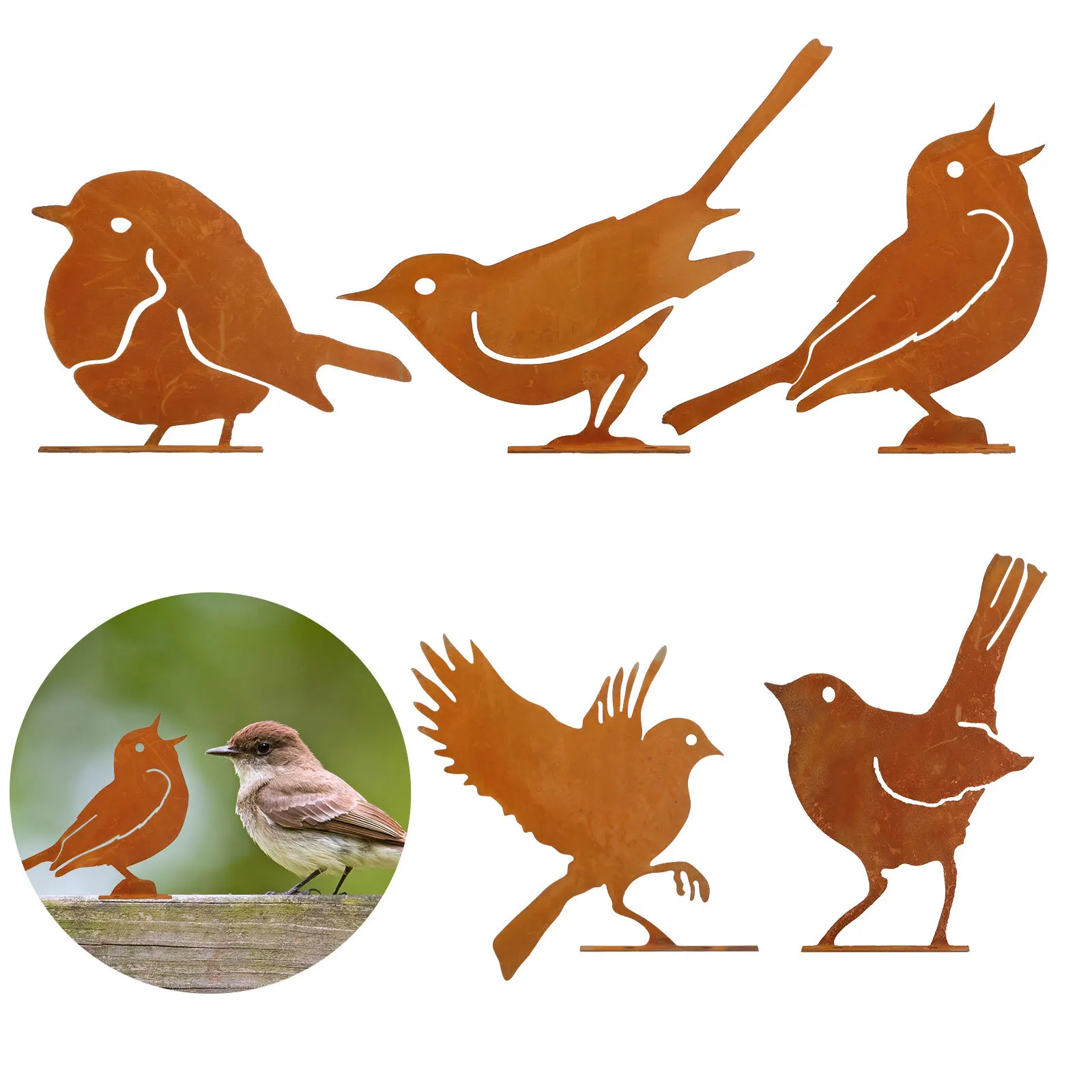

5pcs Rusty Metal Birds Ornament Simulation Bird Art Sculpture Garden Fence Decor