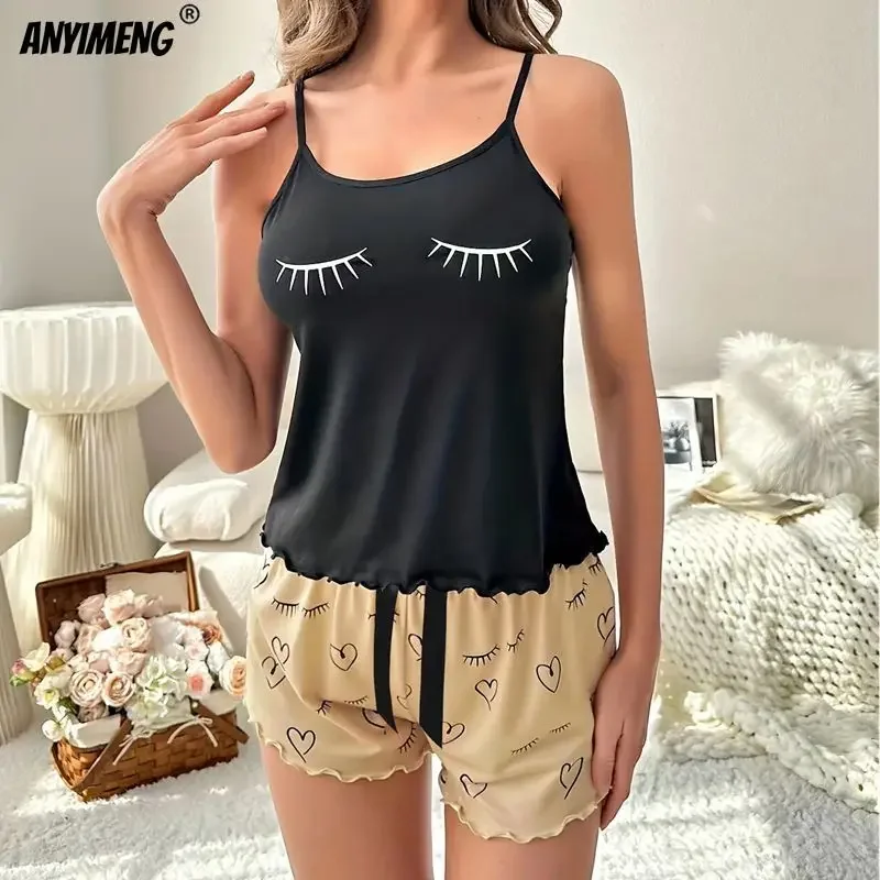 Black Gold Lashes Printed Summer Spaghetti Strap Pajamas Set for Women Tank Top Shorts Female Sexy Lingerie Sleeveless Pijamas