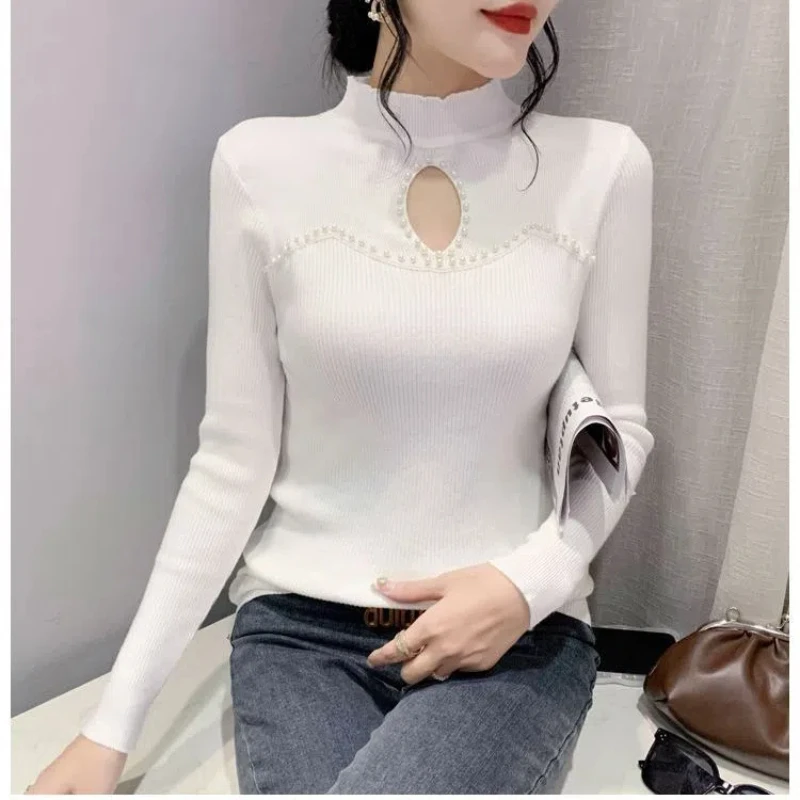 Women\'s Base Shirt Sexy Half High Neck Pearl Knit Sweater Korean Version Hollowed Out Sweater with New Top Underneath