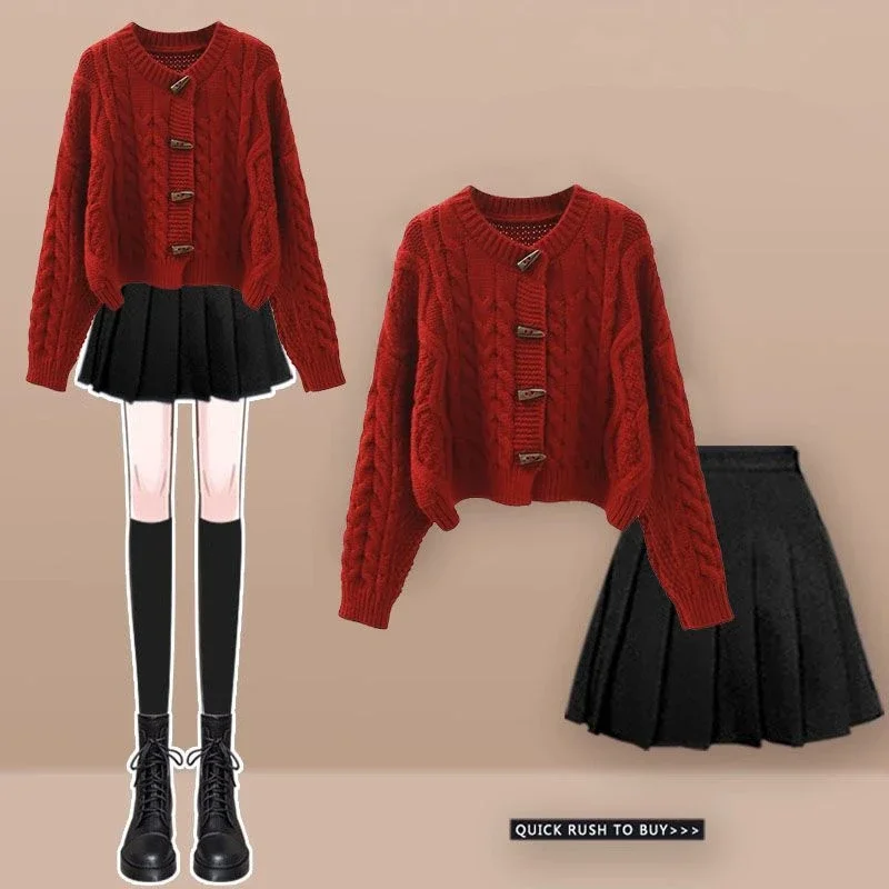 

2024 Falls Women New Clothing Matching Sets Spring Autumn Lucky Red Sweater Mini Pleated Skirts Outfits Lady Knit Top Skirt Suit