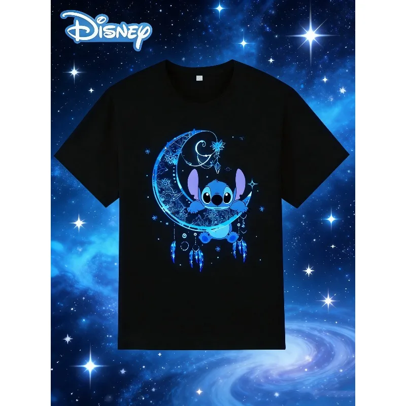 

2025-26 Summer Boys and Girls Stitch 100% Cotton Printed T-shirt Kids Family Parent-Child Clothing Casual Oversized Men's Women