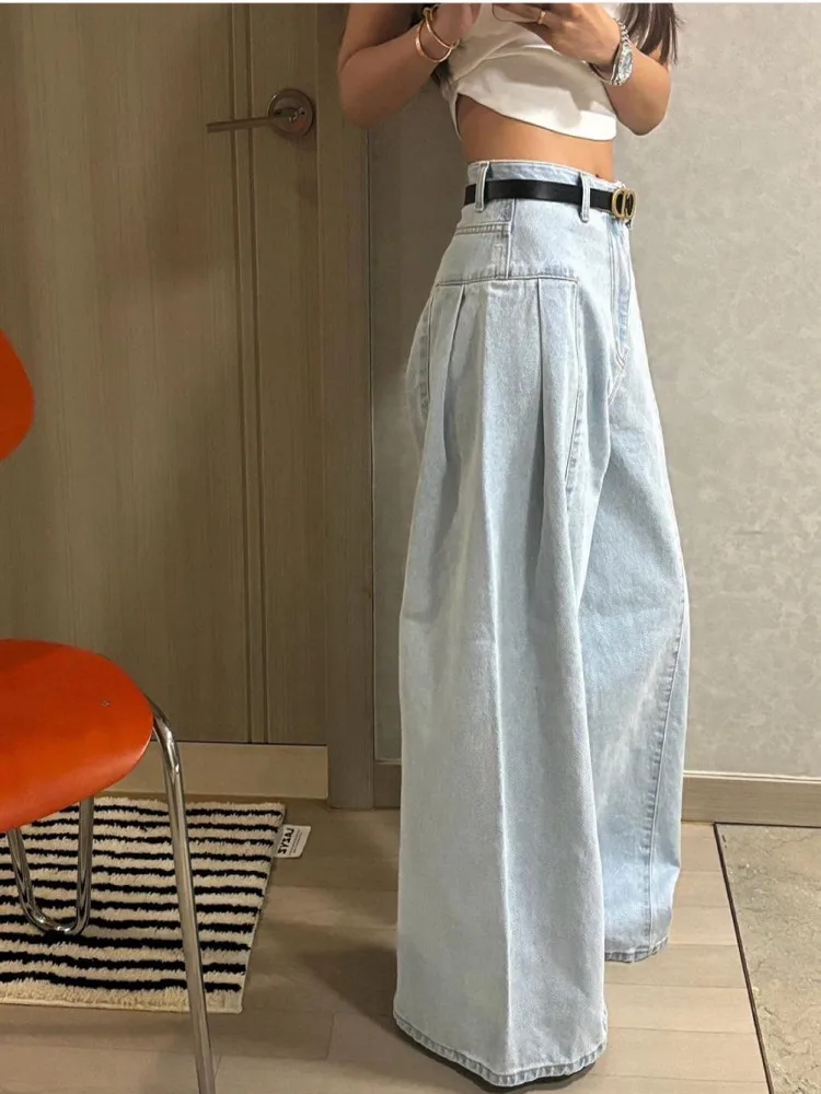 High Waist Women's Jeans Chic Spring Long Pants Wide Leg Slim Straight Washed Pleated New Small Design Fashionable Denim