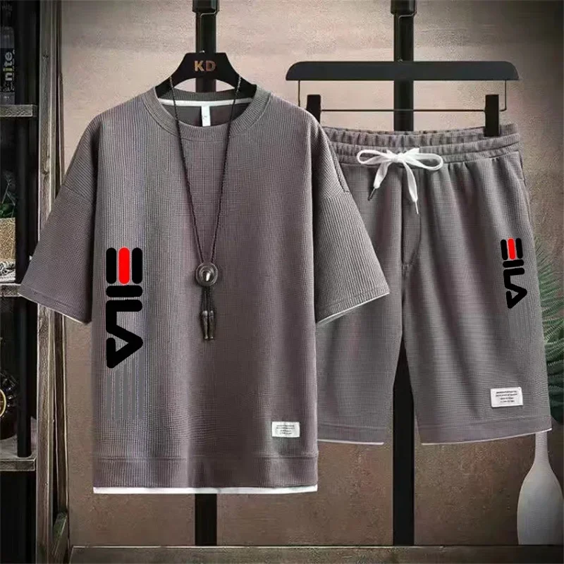 

2025 Summer New Casual Men's short-sleeved T-shirt and Shorts 2-piece outdoor men's round-neck short-sleeved sportswear set