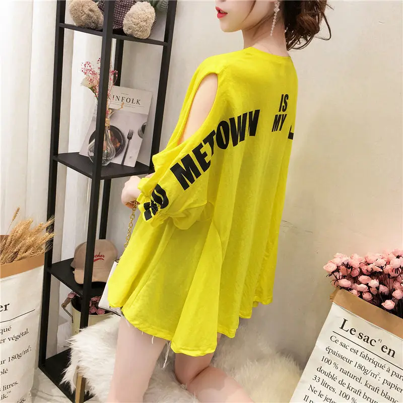 Women Clothing Summer New Off Shoulder Loose T Shirts Short Sleeve Solid Letter Printing Hollow Out Tops Tees Fashion Casual