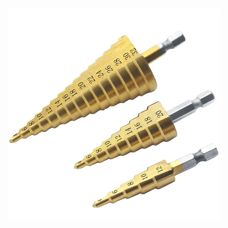 4 -32mm HSS titanium coated metal hex core drill bits High Speed Steel step drill bit set cone hole Wood cutter Taper metric