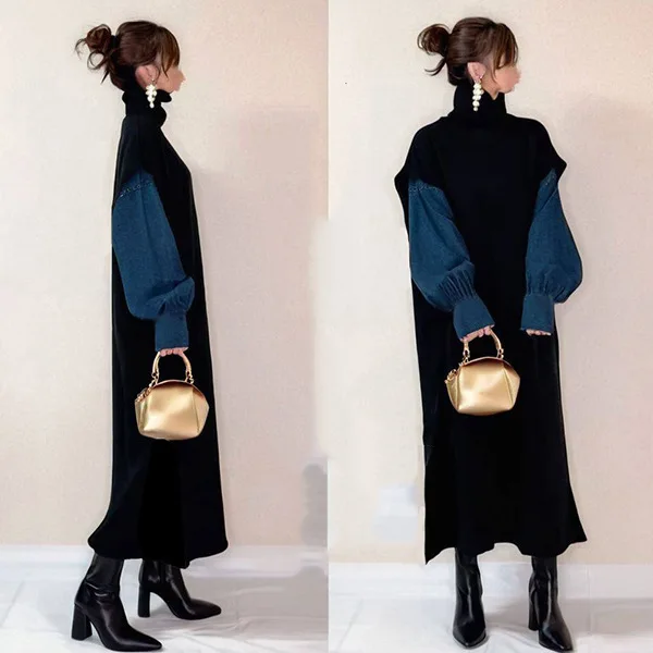 

2025 Korean New Autumn High Neck Sleeveless Knitted Long Dress (no Denim Inner) Harajuku 2025 Summer Dress Robe Vestido Women