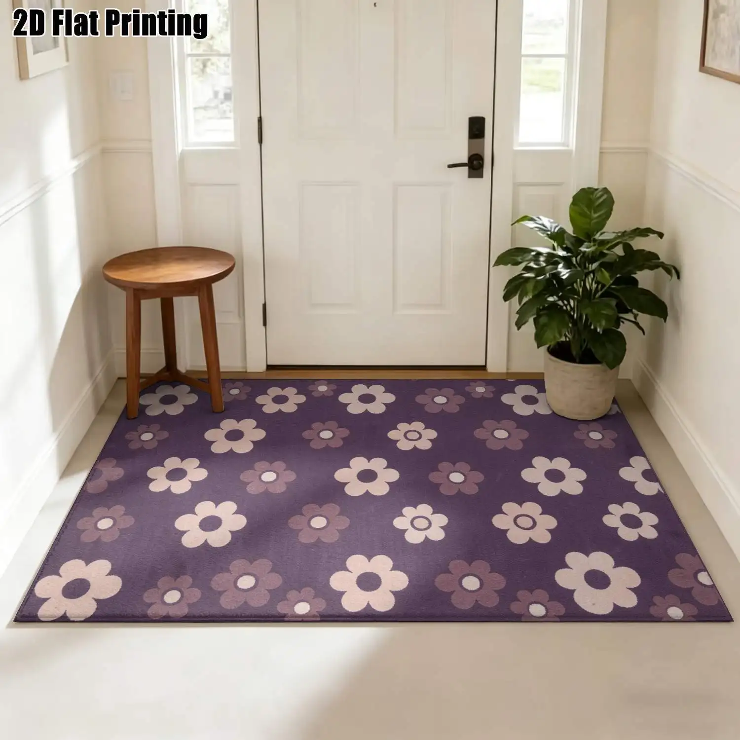 1Pc 2D Printed Retro Purple Flower Carpet: Nordic/Instagram/Modern Minimalist/European Style, Geometric Striped, Home Decor, Multi-Size, Machine Washable, for Entrance, Dining, Foyer, Bedroom, Living Room