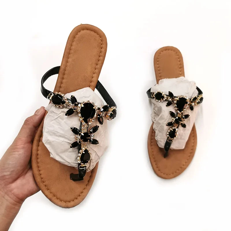Women Gladiator Sandals Summer Beach Diamond Big Size Fashion Female Sandal Roman Rhinestones Flat with Woman Casual Shoes