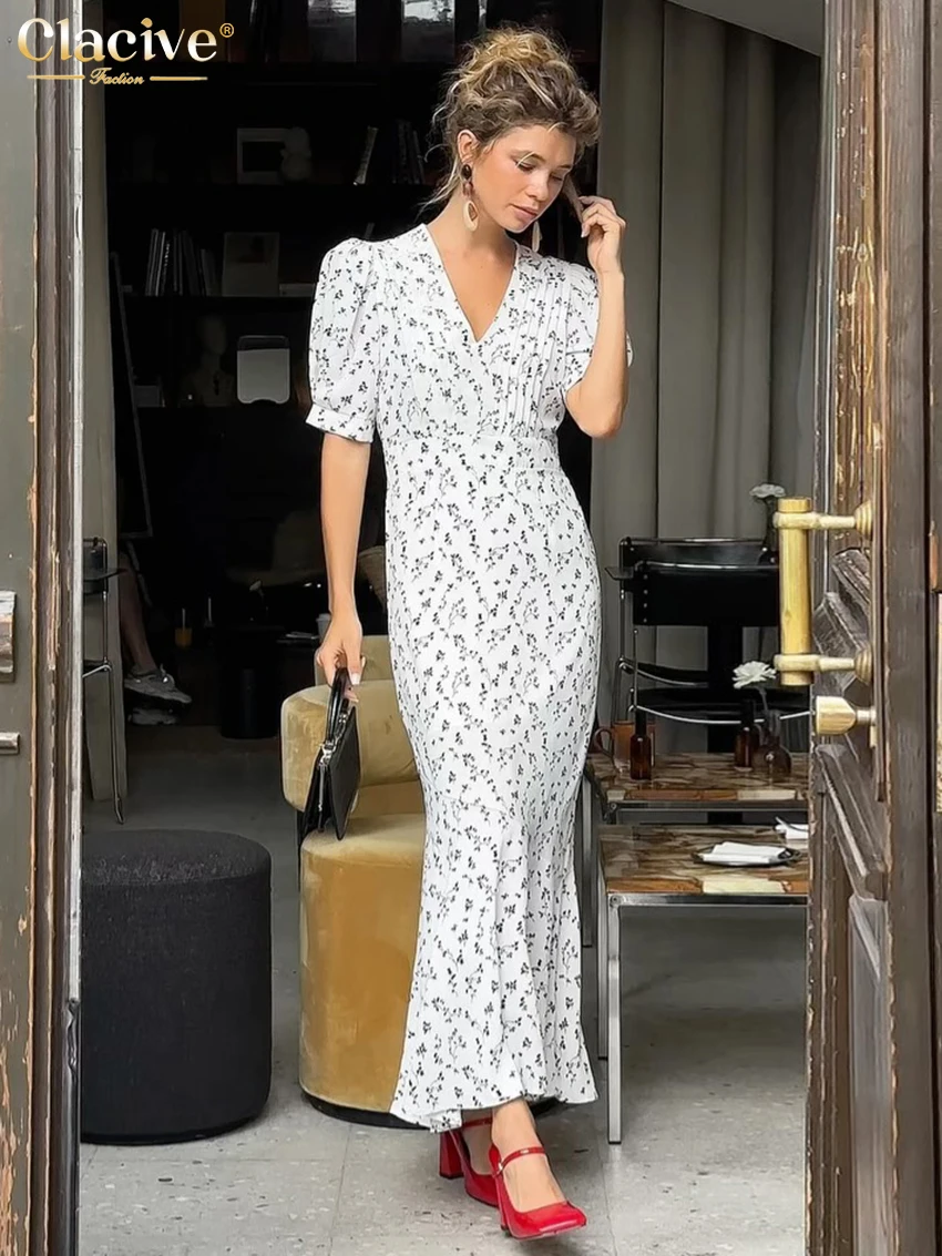 

Летнее женское платье Clacive 2026 с принтом, модное, с V-образным вырезом, коротким рукавом, длиной до щиколотки, элегантное, классическое, с завышенной талией