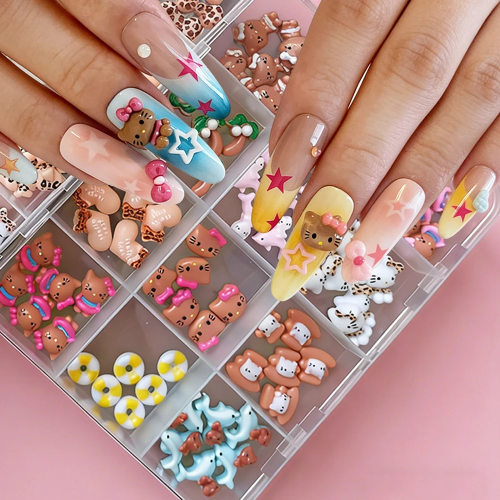 

Набор из 12 коробок с 3D-украшениями для ногтей Hello Kitty в гавайском стиле, Y2K, для девочек, с изображением загорелой кошечки, плавательного круга, кокосовой пальмы, для декора ногтей, товары для маникюра