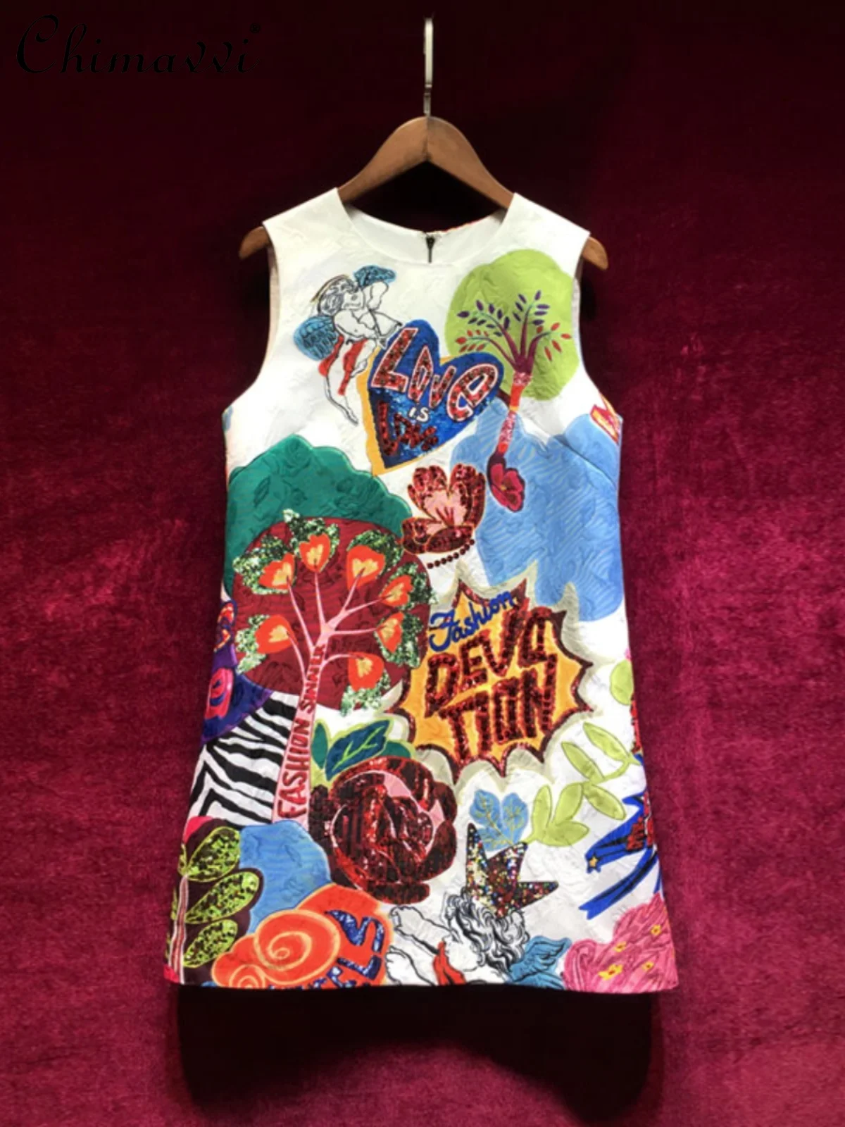 Nowa moda letnia 2024 Retro Cartoon Letter Print Ladies Dress Exquisite Rhinestone Loose Slimming A- Line Dress for Women