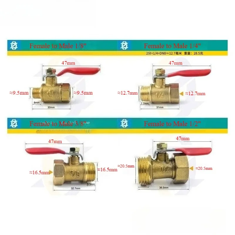 ข้อต่อวาล์วบอลทองเหลืองขนาดเล็ก 1/8 นิ้ว 1/4 นิ้ว 3/8 นิ้ว 1/2 นิ้ว เกลียวใน/เกลียวนอก ข้อต่อทองเหลืองสำหรับท่อทองแดง