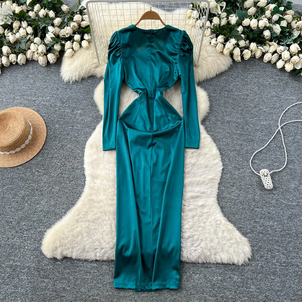 Vintage manga longa cetim com decote em v elegante cerimônia de fadas vestidos hotsweet roupas femininas vestido lápis