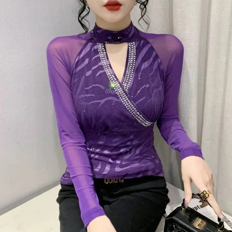 

Весна-Осень, новый стиль, сексуальный полый модный западный горячий ромбовидный сетчатый маленький топ, облегающий топ, женский универсальный топ с длинным рукавом