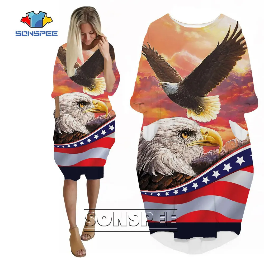 

SONSPEE 2022 Fashion Street Personality Women's Dress 3D Print American flag with Animal Bald Eagle Skirt Suits Lady Girl Gown