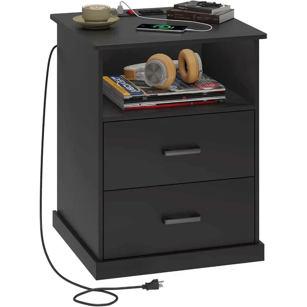 

Night Stand with Charging Station, Large Nightstand with Storage Drawers and Open Cubby, Black Bedside Side End Table