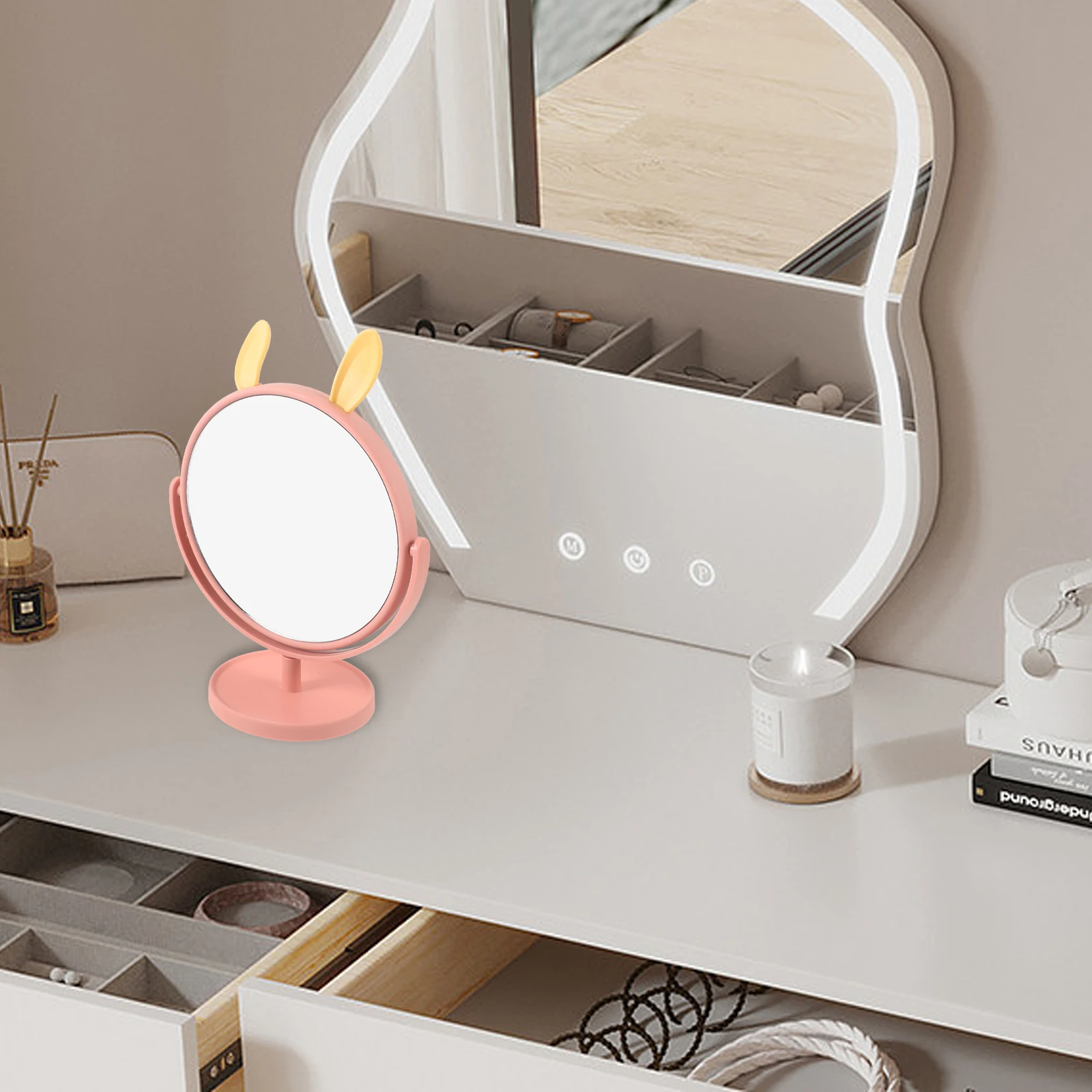 Cute Bunny Makeup Mirror for Desk Premium Desktop Vanity Mirror Smooth Edges No Burrs for Home Dormitory Bathroom Dresser