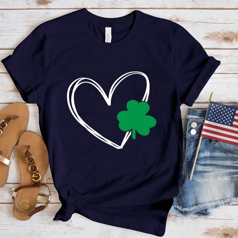 

2024 Funny St. Patrick'S Day Clover Love Print T-Shirt Summer Letter Print T Shirt Women Men Short Sleeve Loose Shirts y2k top