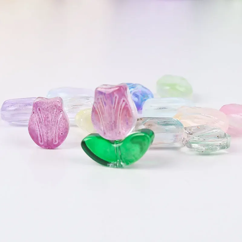 10 zestawów biżuterii tulipany kwiat koraliki Lampwork szklane koraliki Flora wielokolorowe luźne koraliki dla DIY bransoletki tworzenia biżuterii