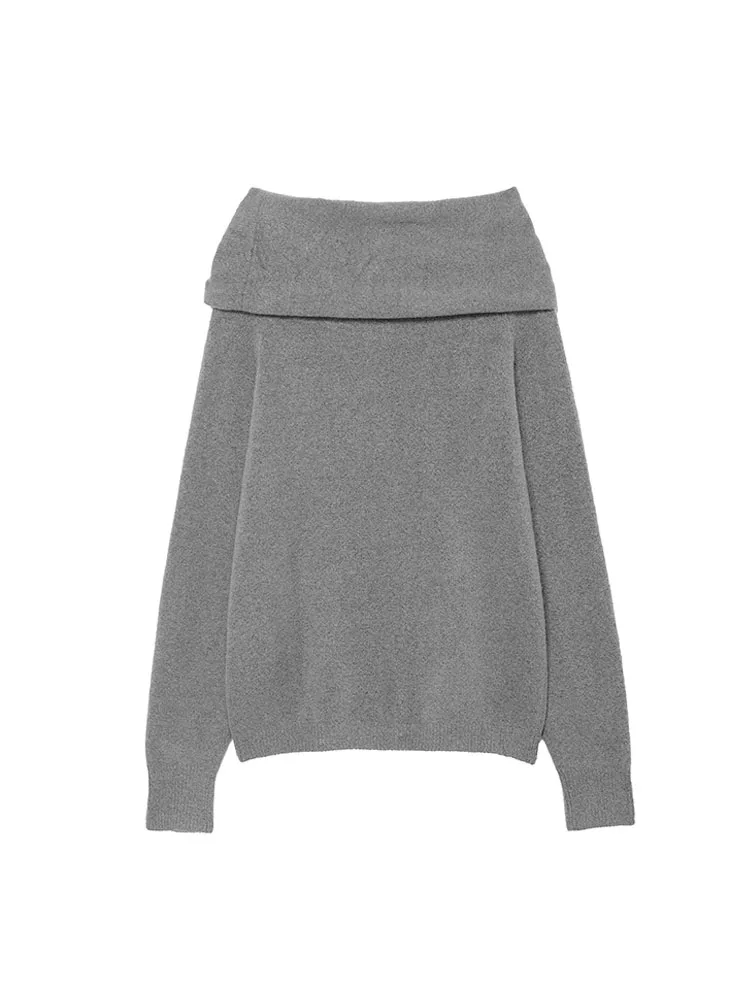 Damski sweter na jesień, casualowy, z długim rękawem, dekolt typu slash neck, dzianinowy, modny, jednolity kolor, streetwearowy top.