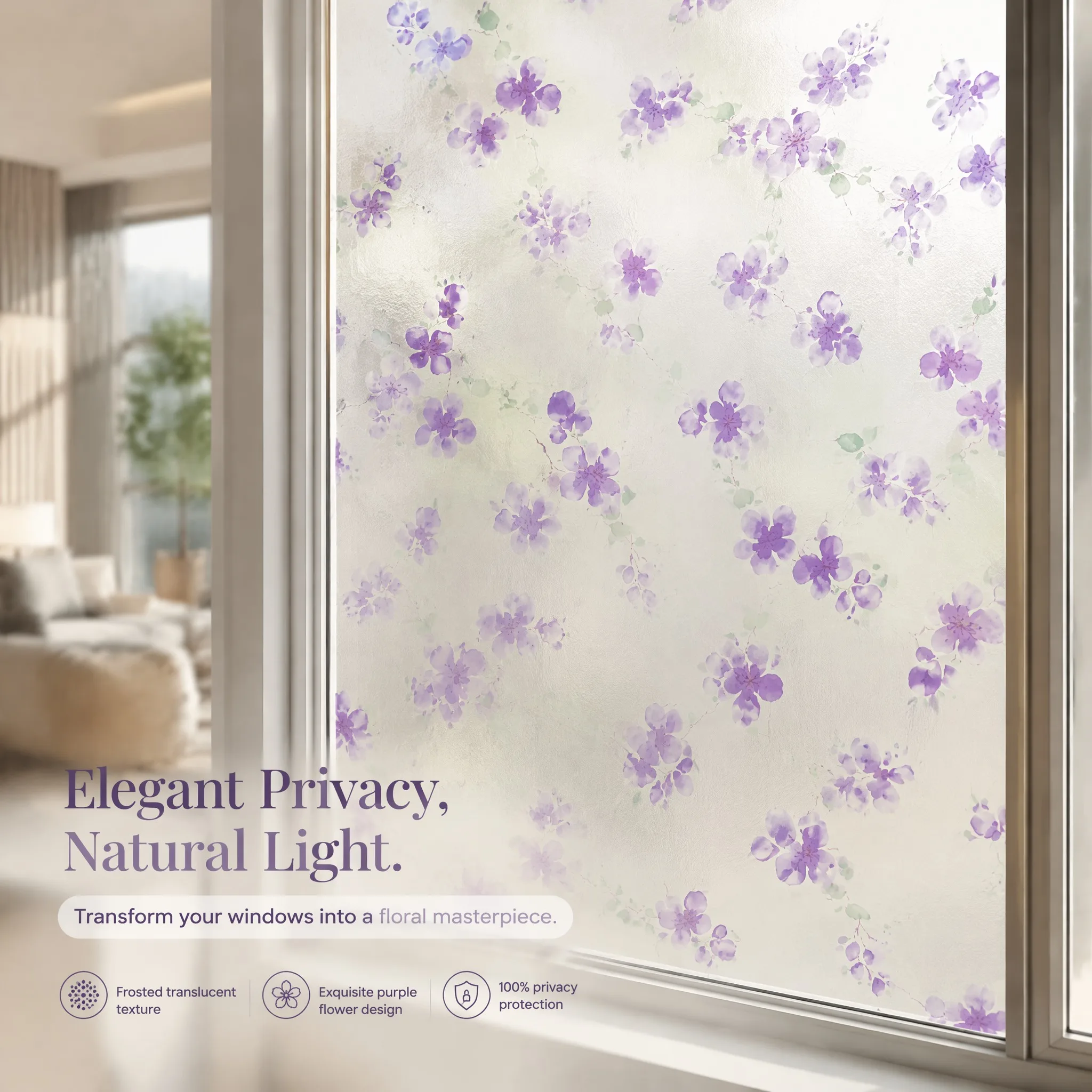 Purple Floral Pattern Self-Adhesive Frosted Window Film Privacy Decorative Film for Glass Doors And Windows
