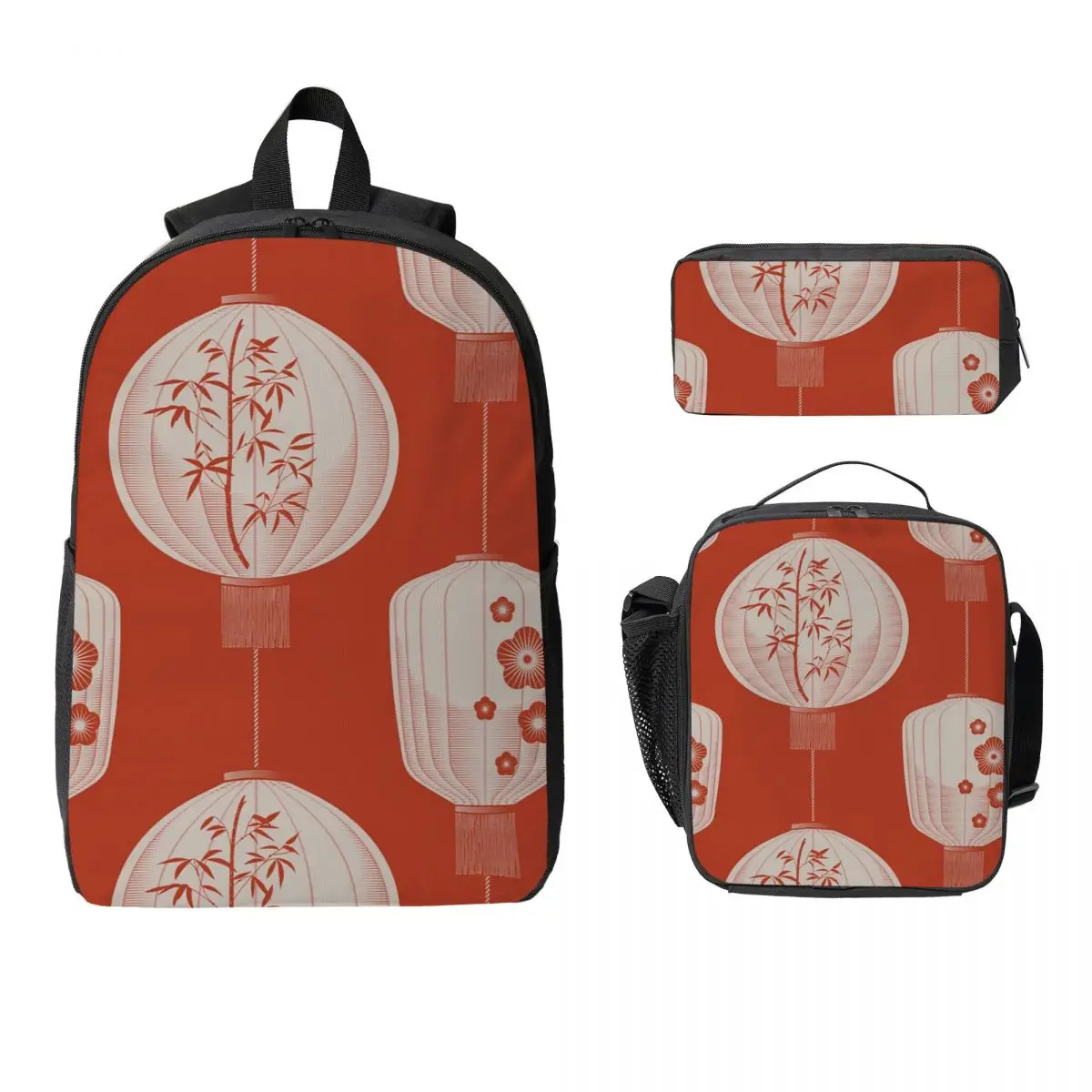 Traditional Chinese Lantern Pattern Backpack Student BookBag School Bag Laptop Shoulder Bags 3ps Insulated Lunch Bag Pencil Case