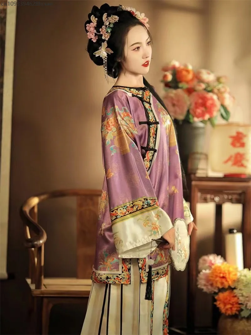Qing Dynasty Women's Hanfu Classic Slanted Collar Round Neck Printing Han Girl Costume Palace Style Horse Face SkirtSet