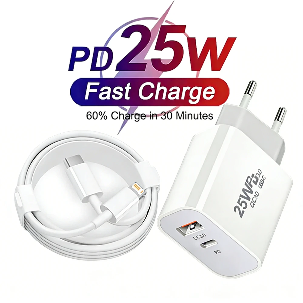 25W PD USB C Dual Port Fast EU Charger For iPhone 11 12 13 Mini 14 Pro Max X XR XS 7 8 Plus Quick Charging PD Cable 1m 1.5m 2m