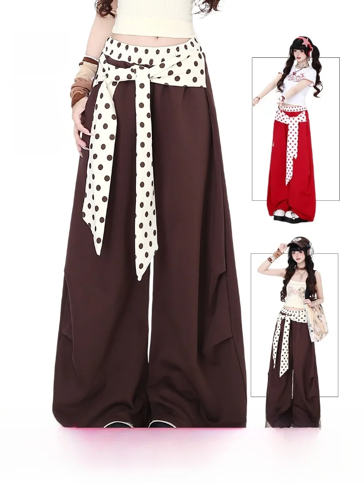

Crazygirl Polka Dot American Splicing Loose Casual Pants Women's High Waist Straight Leg Pants Versatile Long Trousers