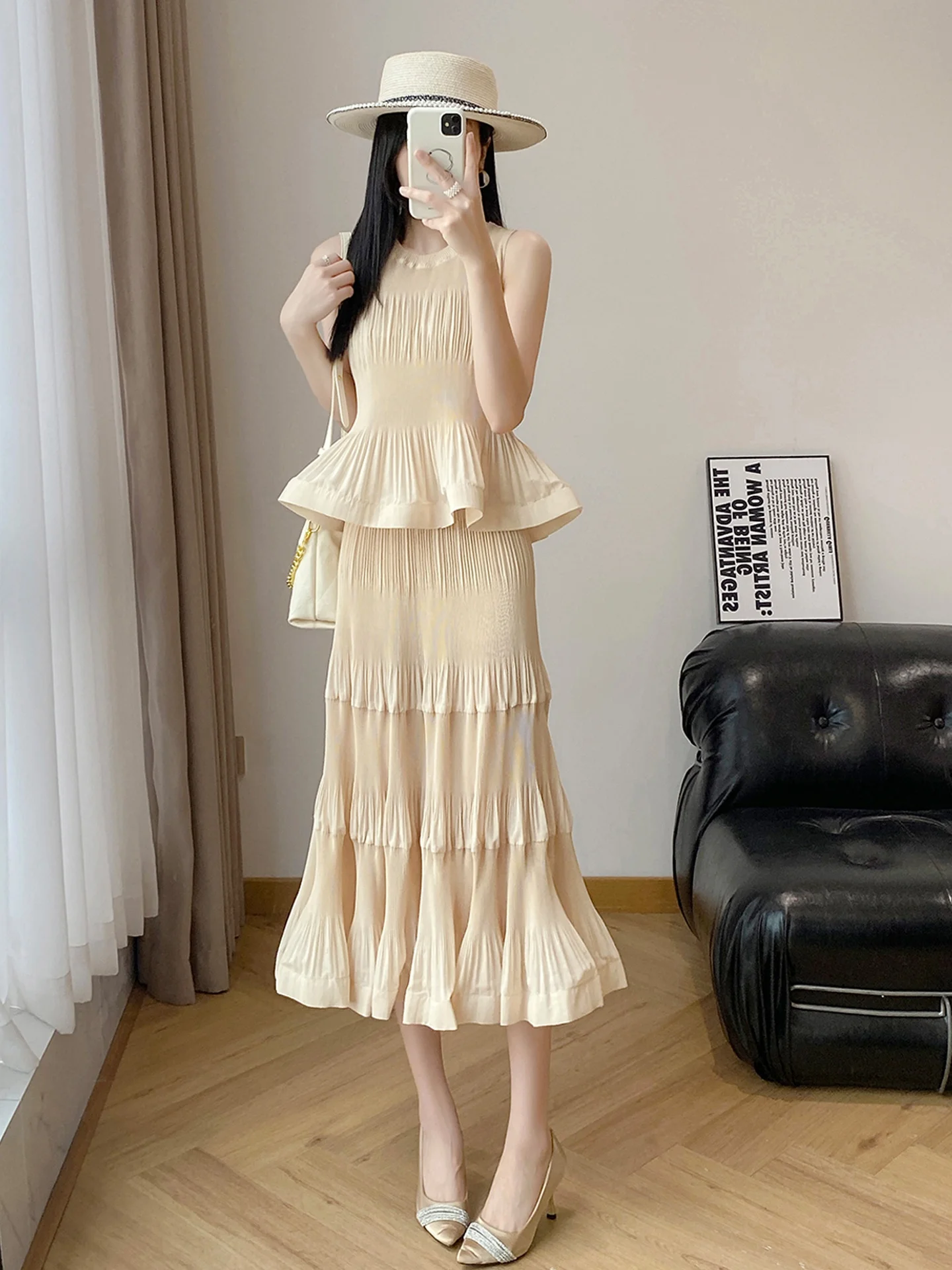 

Summer New High Waist Half Body Skirt Set Women's Sleeveless Folded Design Fashionable Two-Piece Set Casual Style Polyester F...