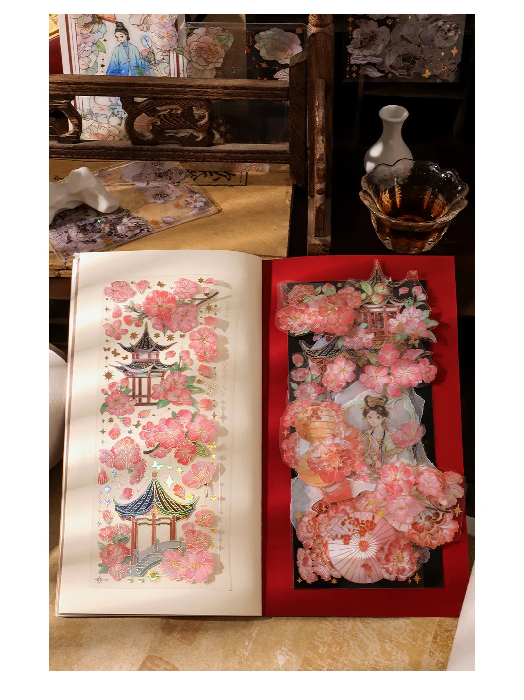 3 Sheets/pack Sky Light Flower Shadow Series 3D Color Hot Gilding PET Stickers China Retro Plants Scrapbook Decorations