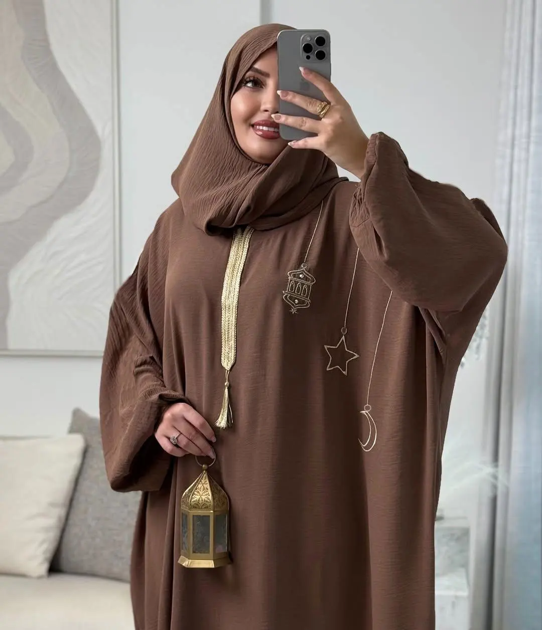 Abaya marrón con capucha con adorno de borla y detalle bordado para mujer, caftán musulmán marroquí, Ramadán Jalabiya, batas árabes islámicas de Dubái